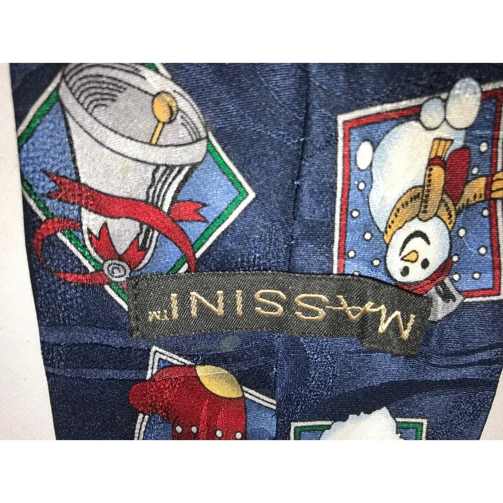 NOS‎ Massini Navy Christmas Santa Snowmen Candles Silk Neck Tie - Length 58